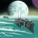 DALL·E 2022-09-16 13.52.12 - a space battleship emerging from a mint colored ocean, there are ...jpg