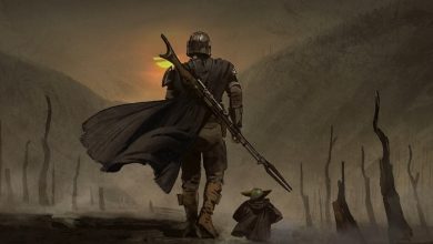 Mandalorian Din Djarin and Grogu walking