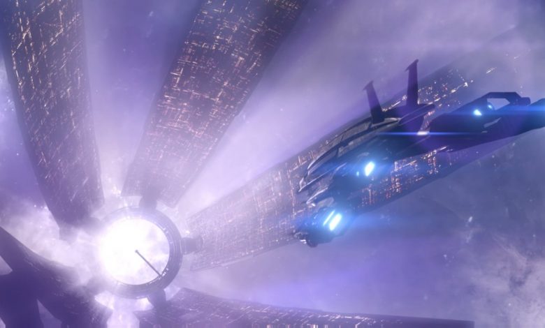 Normandy approaching the Citadel in Mass Effect 3.