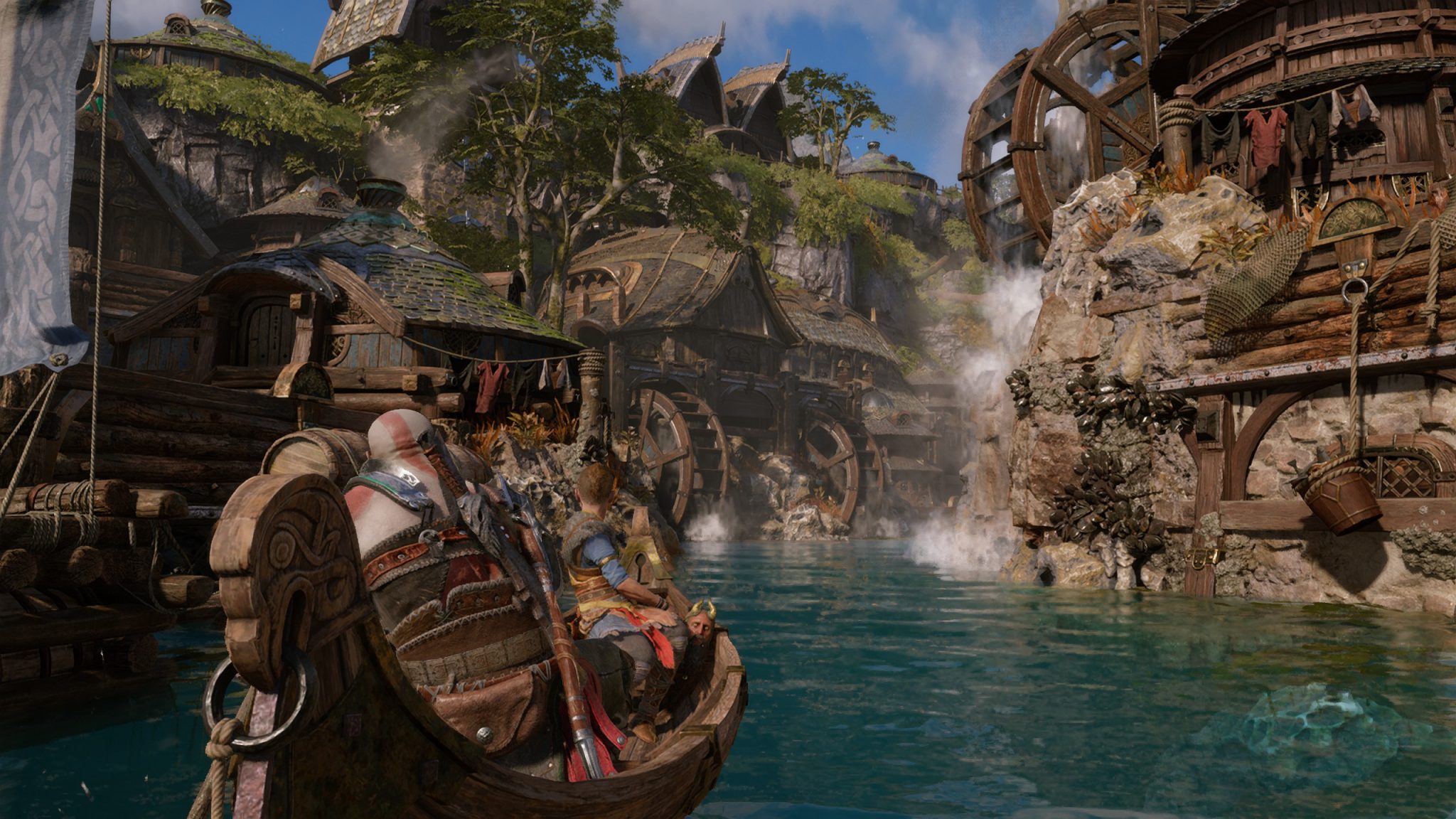 The image shows Kratos and Atreus oaring towards Nidavelir, the capital of Dwarves.