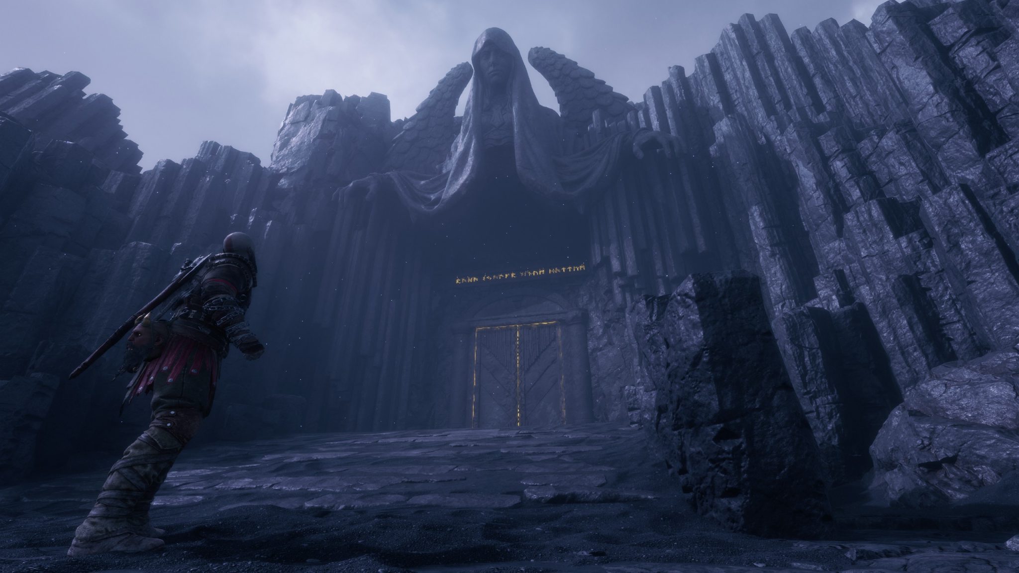 The image shows Kratos being ready to cross the gates of Valhalla.