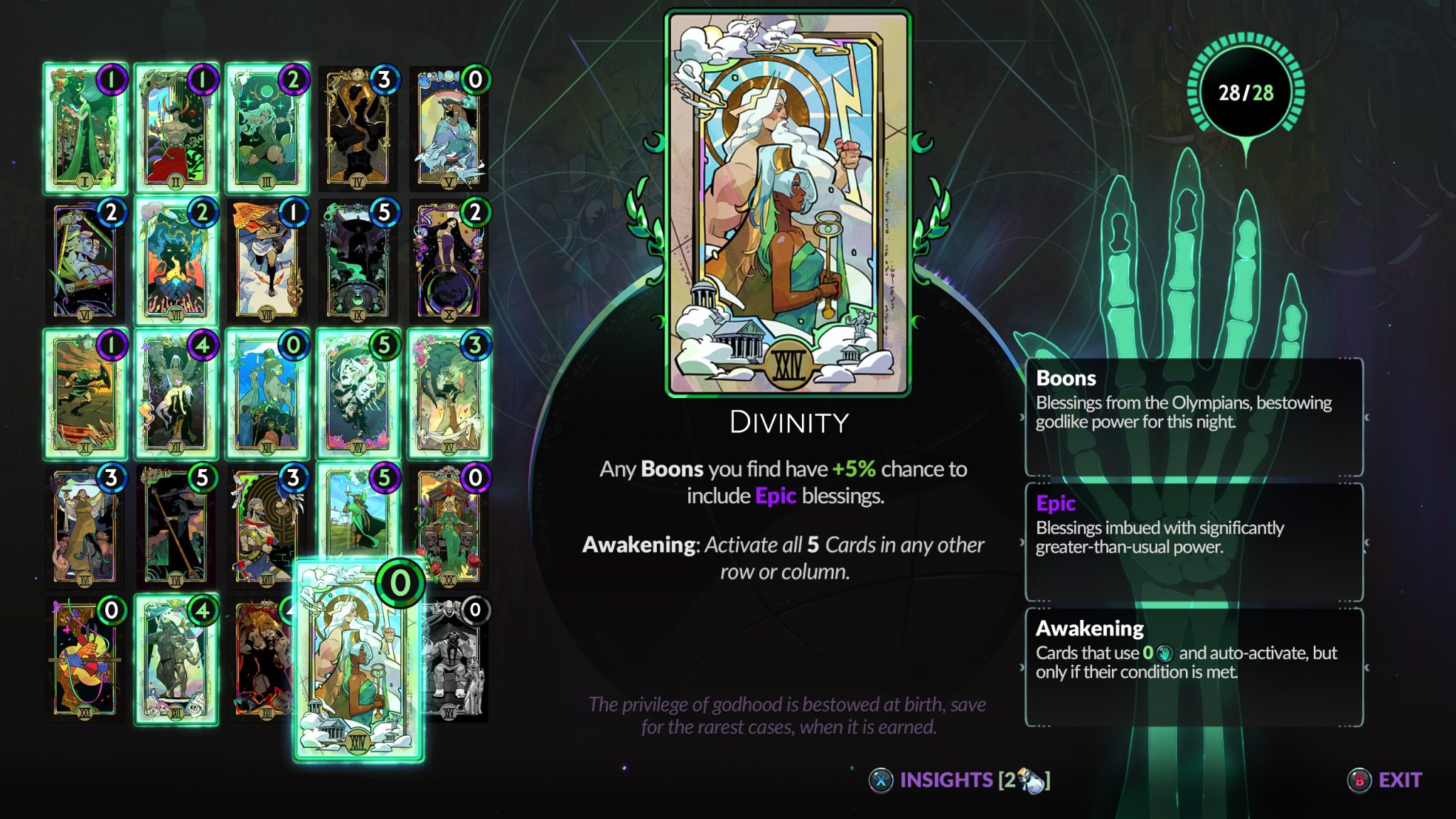 Hades 2 - The image shows the Arcana cards system.
