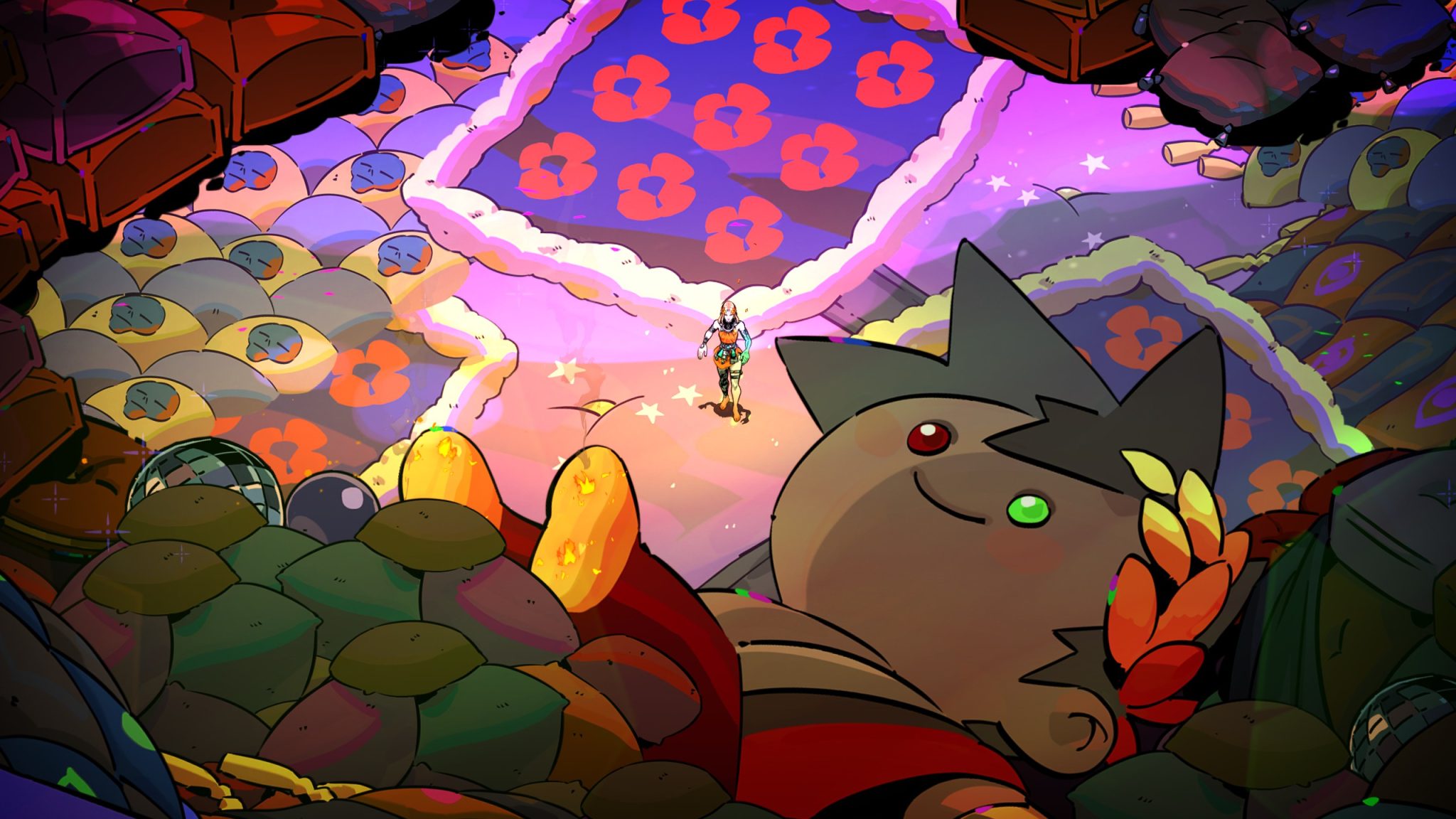 Hades 2 - The image shows Melinoe being in a surreal landscape with a large Zagreus doll.