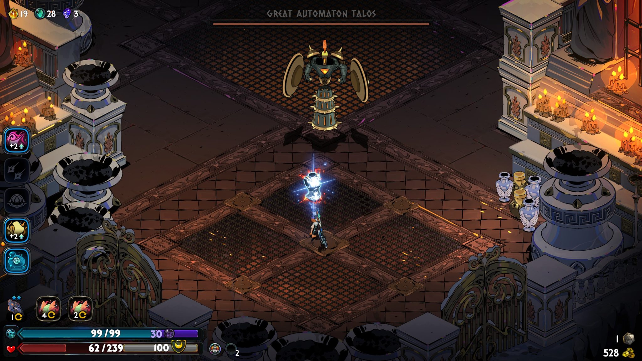 Hades 2 - The image shows Melinoe ready to battle the mini-boss Talos.