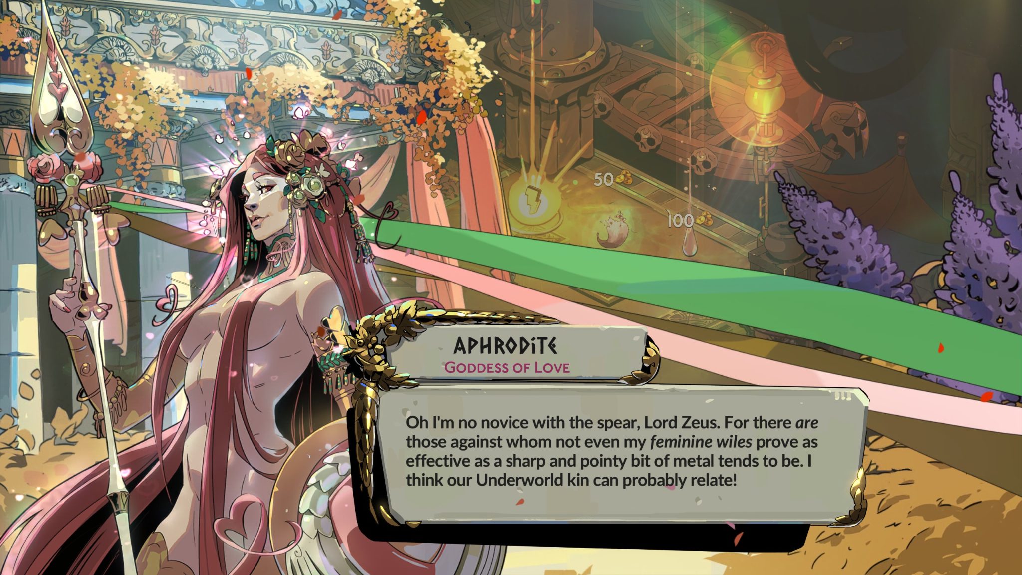 Hades 2 - The image shows Aphrodite making a lot of innuendos during her dialogue.
