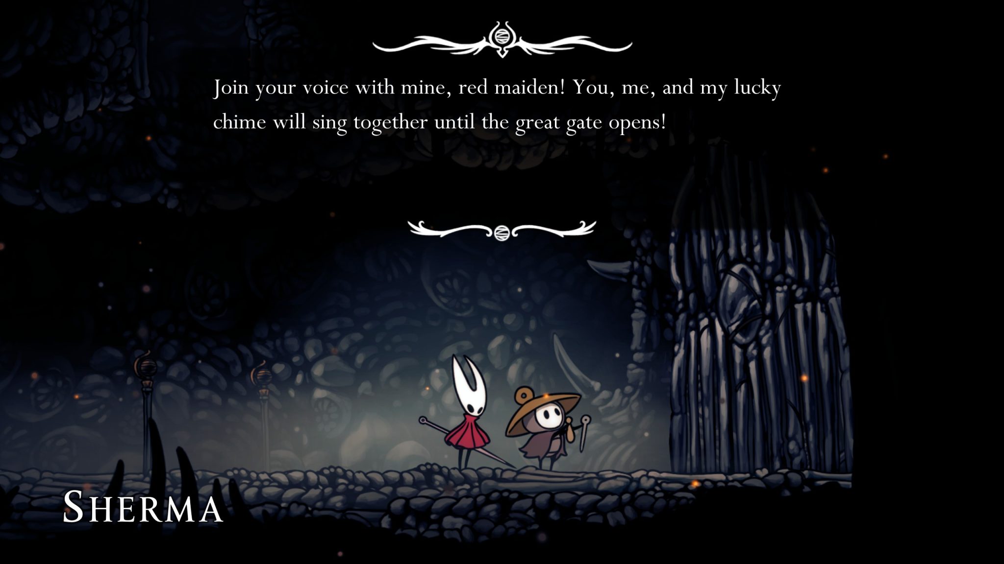 Hollow Knight: Silksong - The image shows the protagonist, Hornet, looking at an NPC, Sherma standing in front of a door.