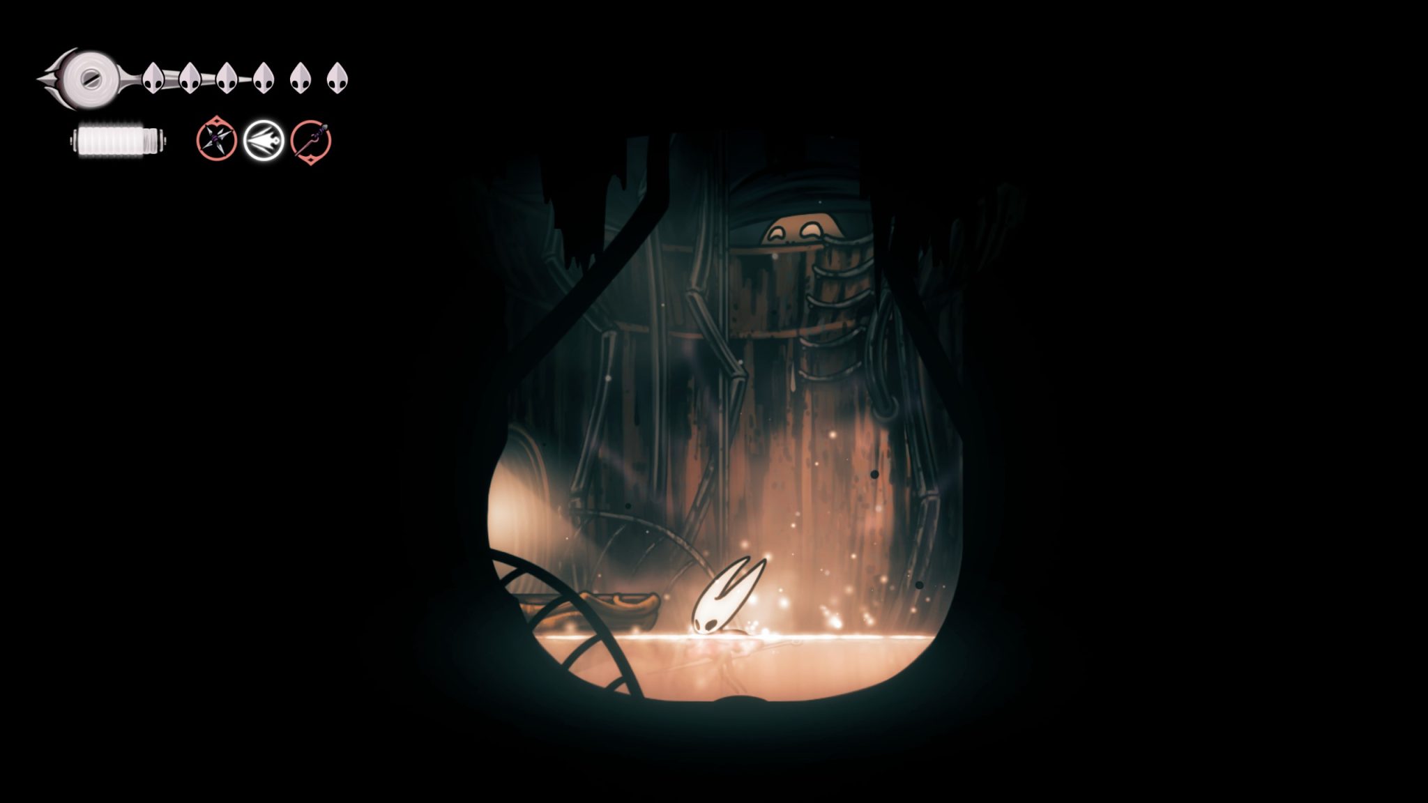 Hollow Knight: Silksong - The image shows the protagonist, Hornet, taking a bath with a pervert bug taking a sneak peek on top.