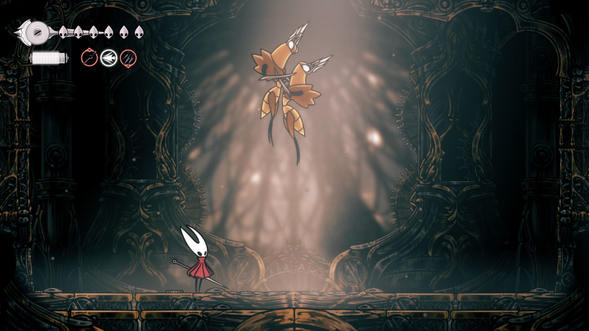 Hollow Knight: Silksong - The image shows the protagonist, Hornet, facing a clockwork animatron bug boss.