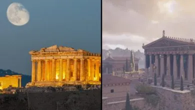 acropolis ruins and in-game