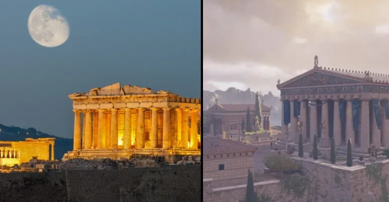 acropolis ruins and in-game