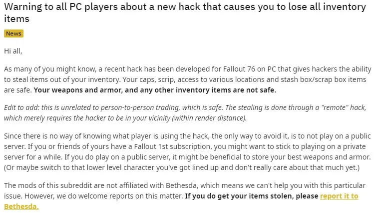 Fallout 76 Hack warning