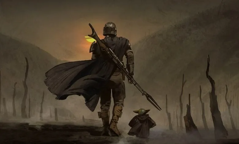 Mandalorian Din Djarin and Grogu walking