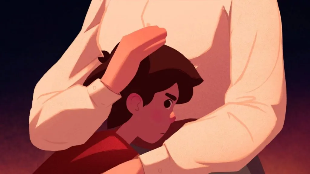 Cutscene with mother holding her son in her arms