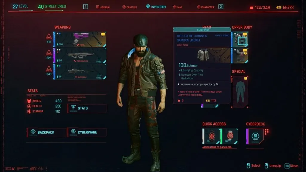 Cyberpunk 2077 Inventory Screen