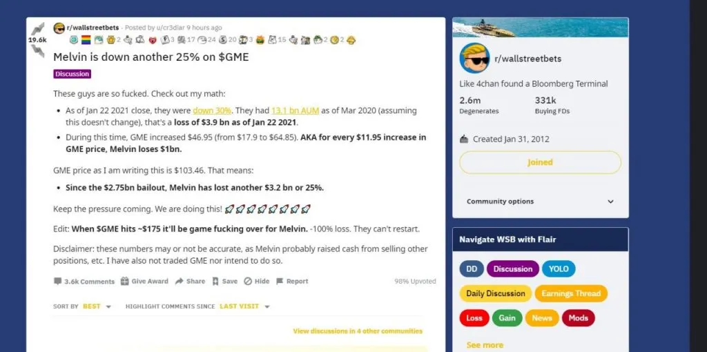 WallStreetBets Reddit post