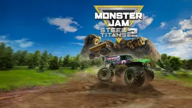 Monster Jam Steel Titans 2 Monster Truck sliding in the dirt with logo
