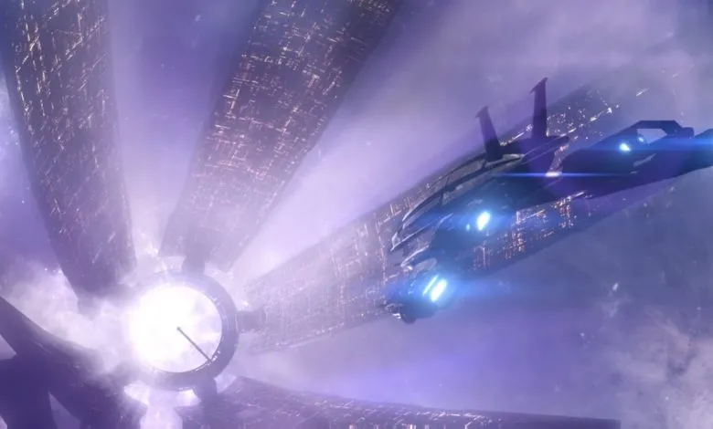 Normandy approaching the Citadel in Mass Effect 3.