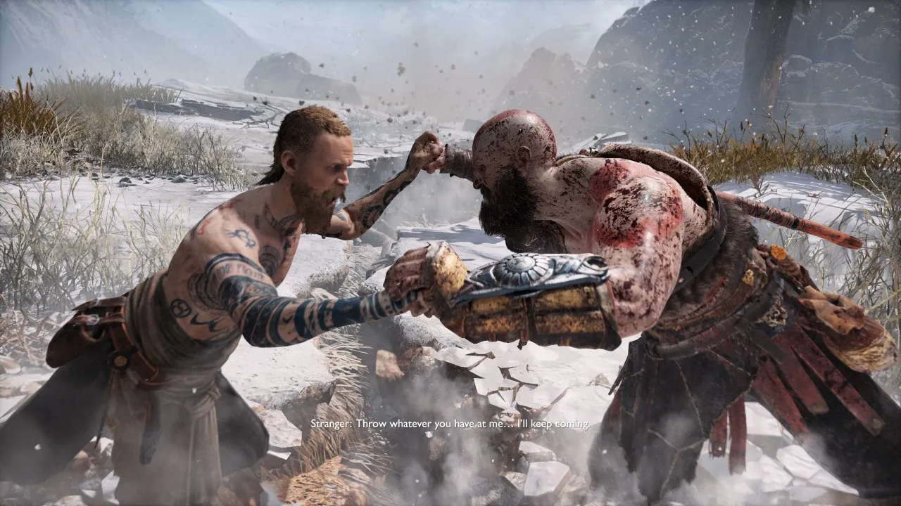 Kratos has locked hands with the Stranger. The earth has shattered beneath them.