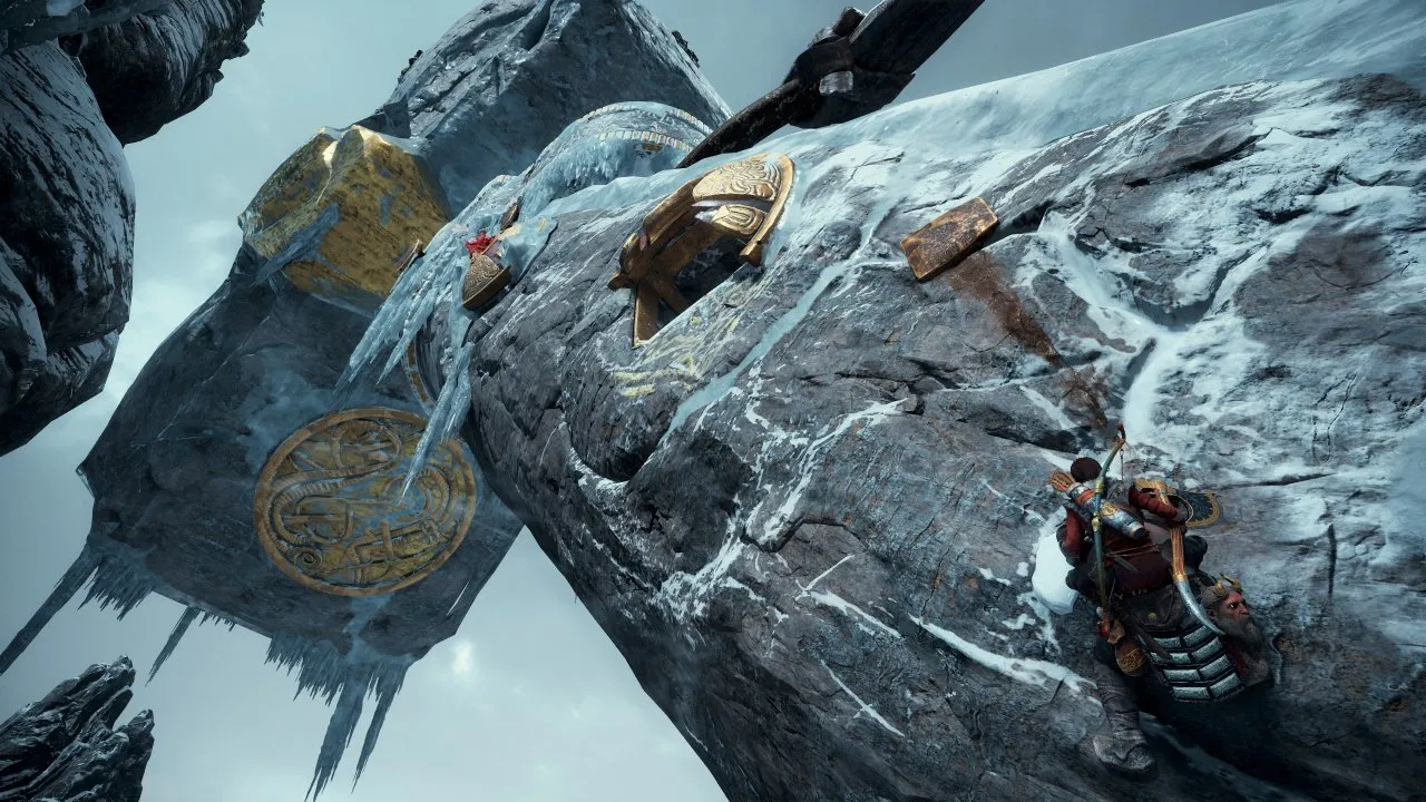 The heroes are scaling a colossal hammer. The scene is taking place in a frosty environment.