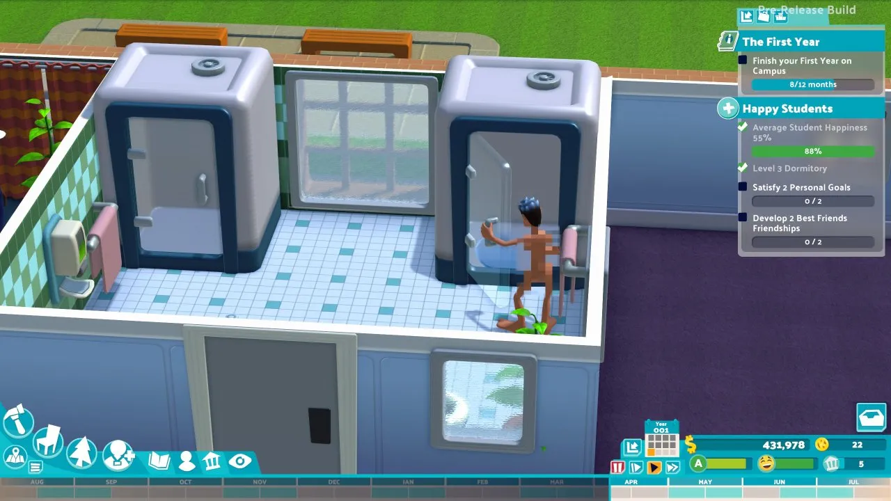 Two Point Campus - Student is taking a shower while his body is pixelated