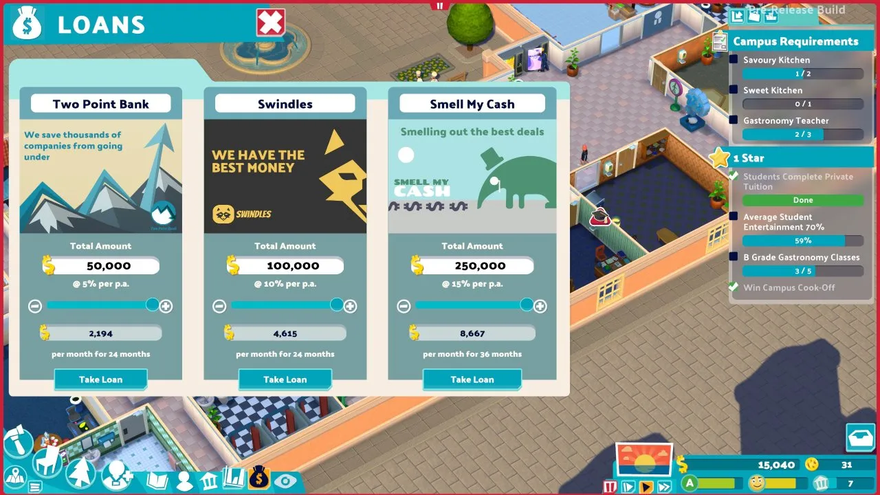 Two Point Campus - Loans screen