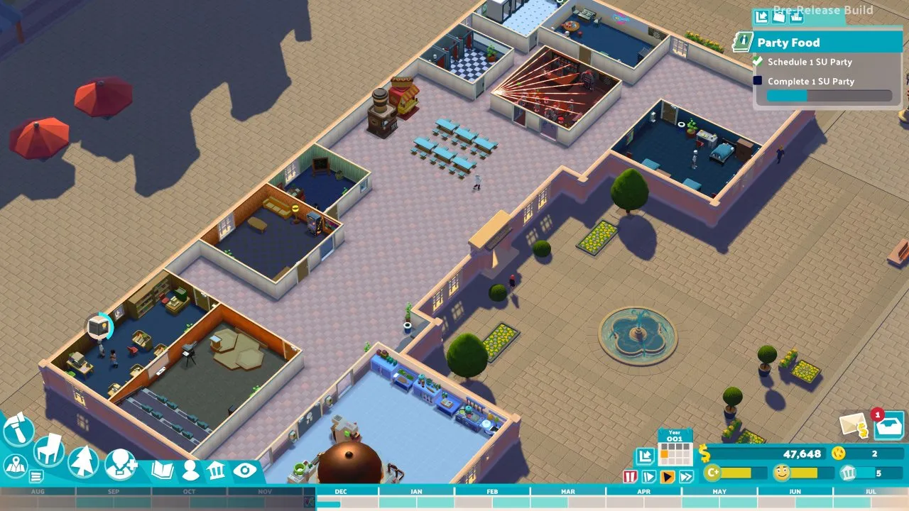 Two Point Campus - Small campus showing the student union party while one student studying in library