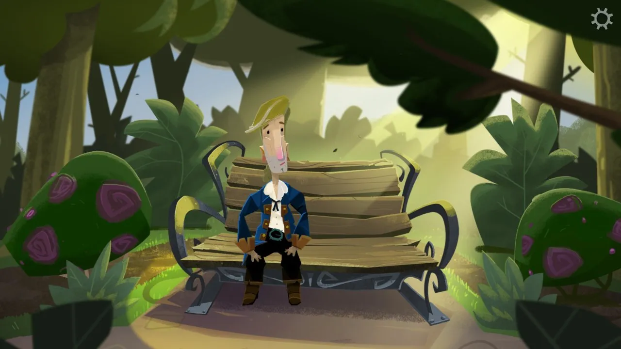 Return to Monkey Island - Guybrush is alone sitting on a bench located in a clearing. The sunlight is showering him gently.