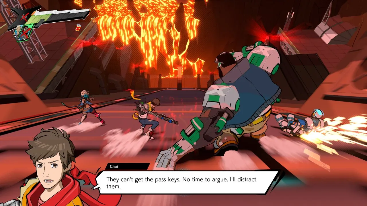 Hi-Fi Rush - The heroes are shown to slide down towards a volcano.