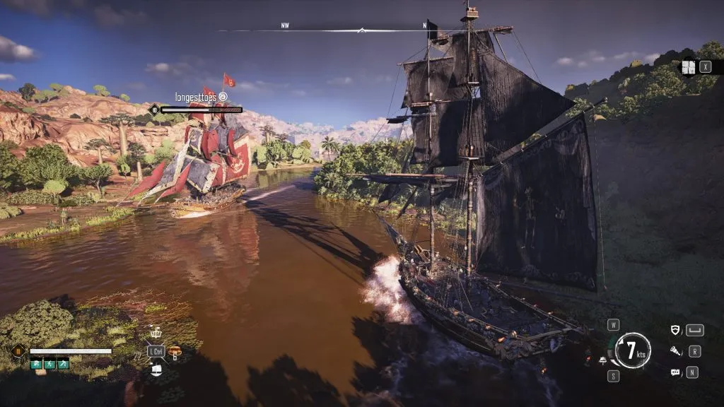 Skull and Bones sailing in pretty scenery