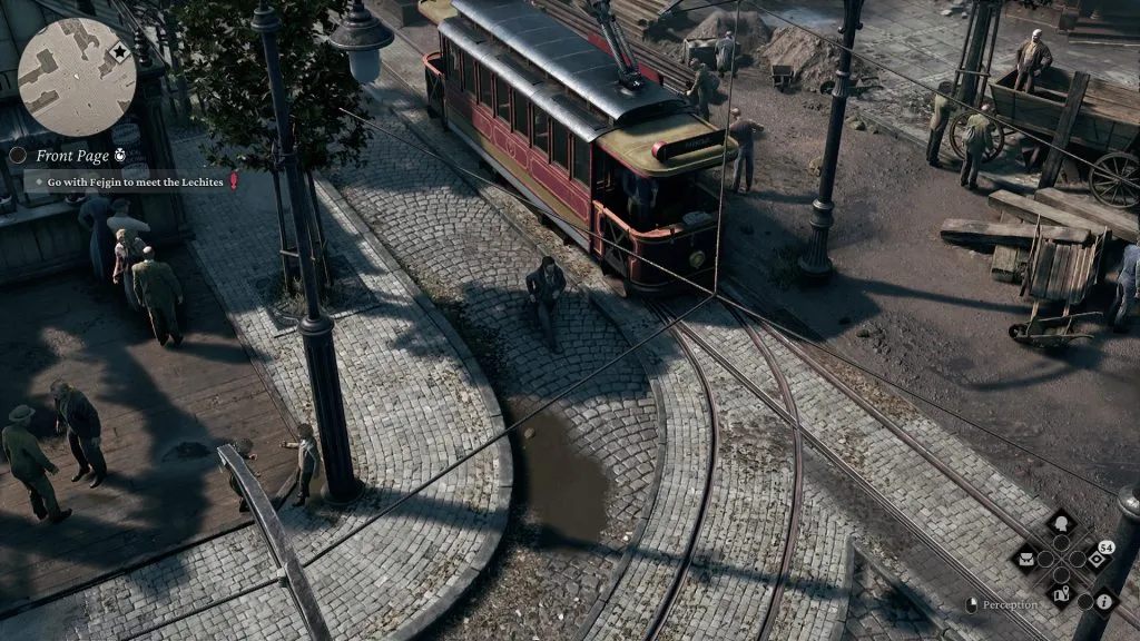 The Thaumaturge walking around Warsaw in front of a Tram