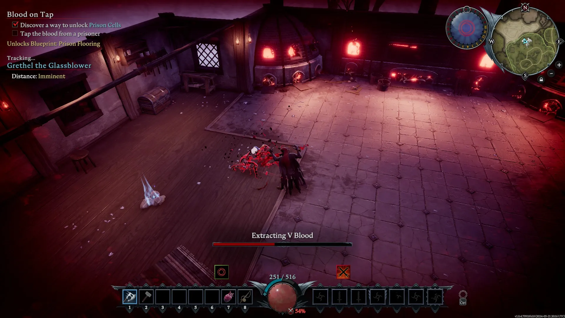 V Rising - The image shows how our vampire avatar extracts V blood from a felled opponent.