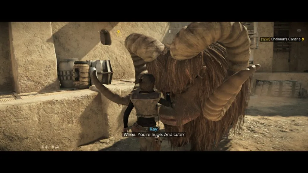 Kay Vess petting a Bantha