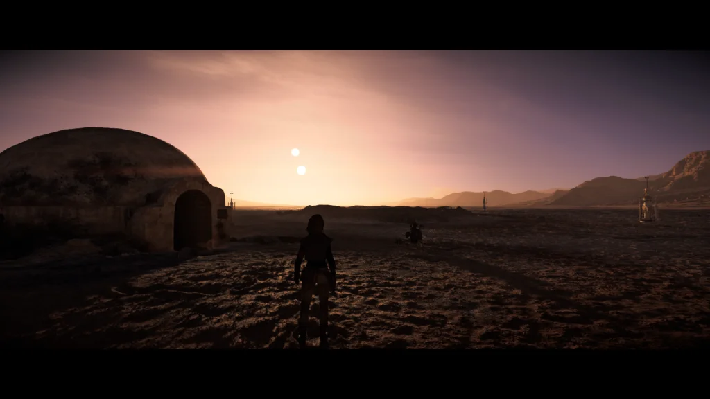 Twin suns of Tatooine setting over Luke's farm