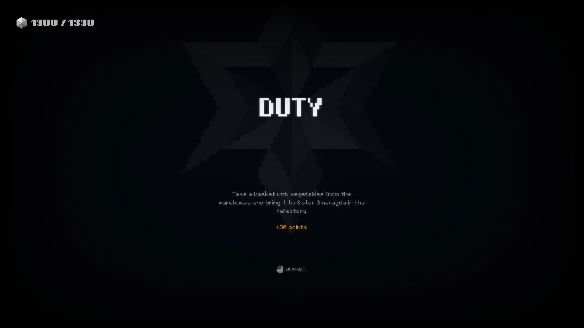 Indika - The image shows a text with a quest "Duty" for which we are going to earn points if we succeed