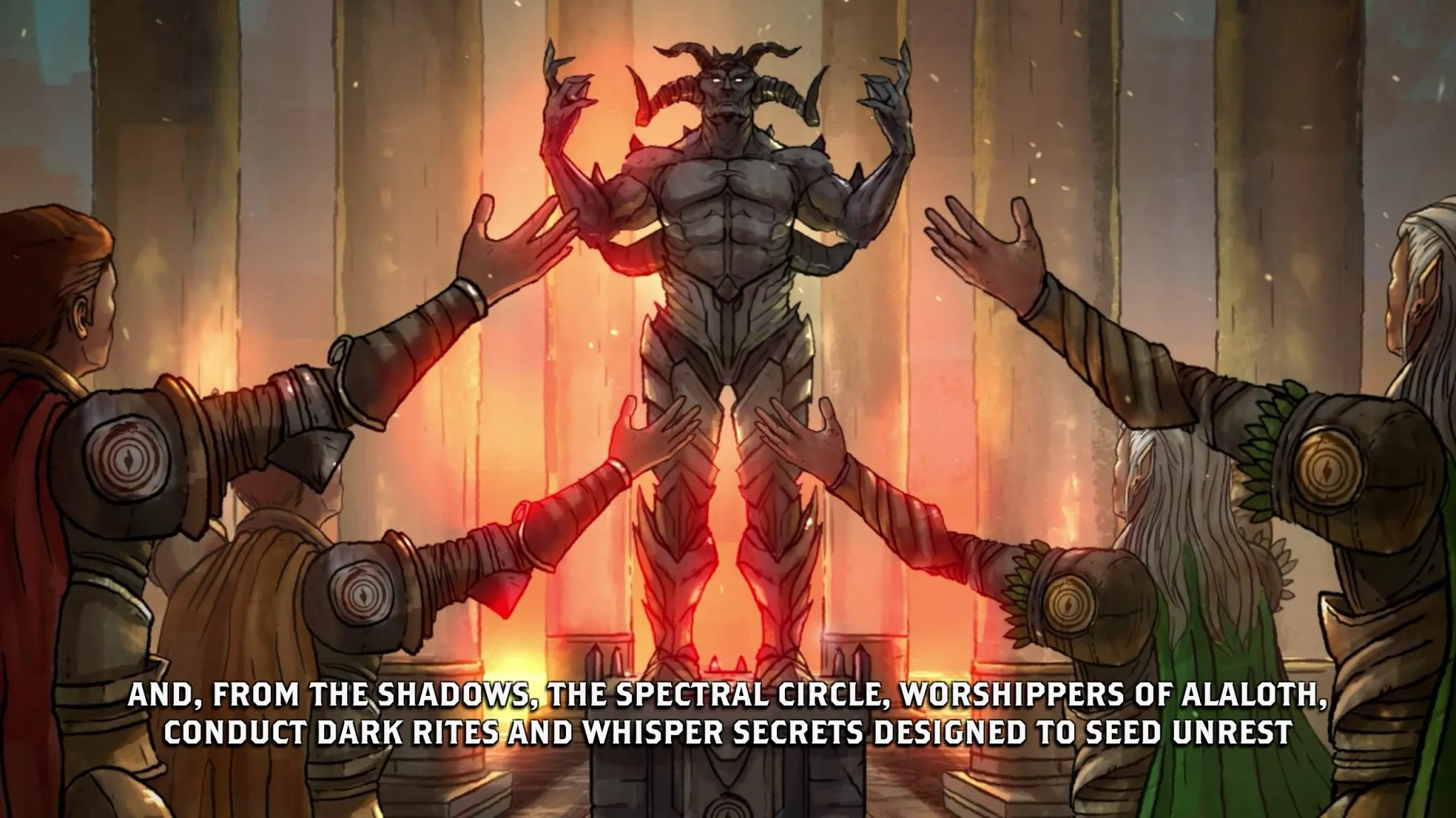 Alaloth - The image portrays a statue of Alaloth being worshipped by his cultists.