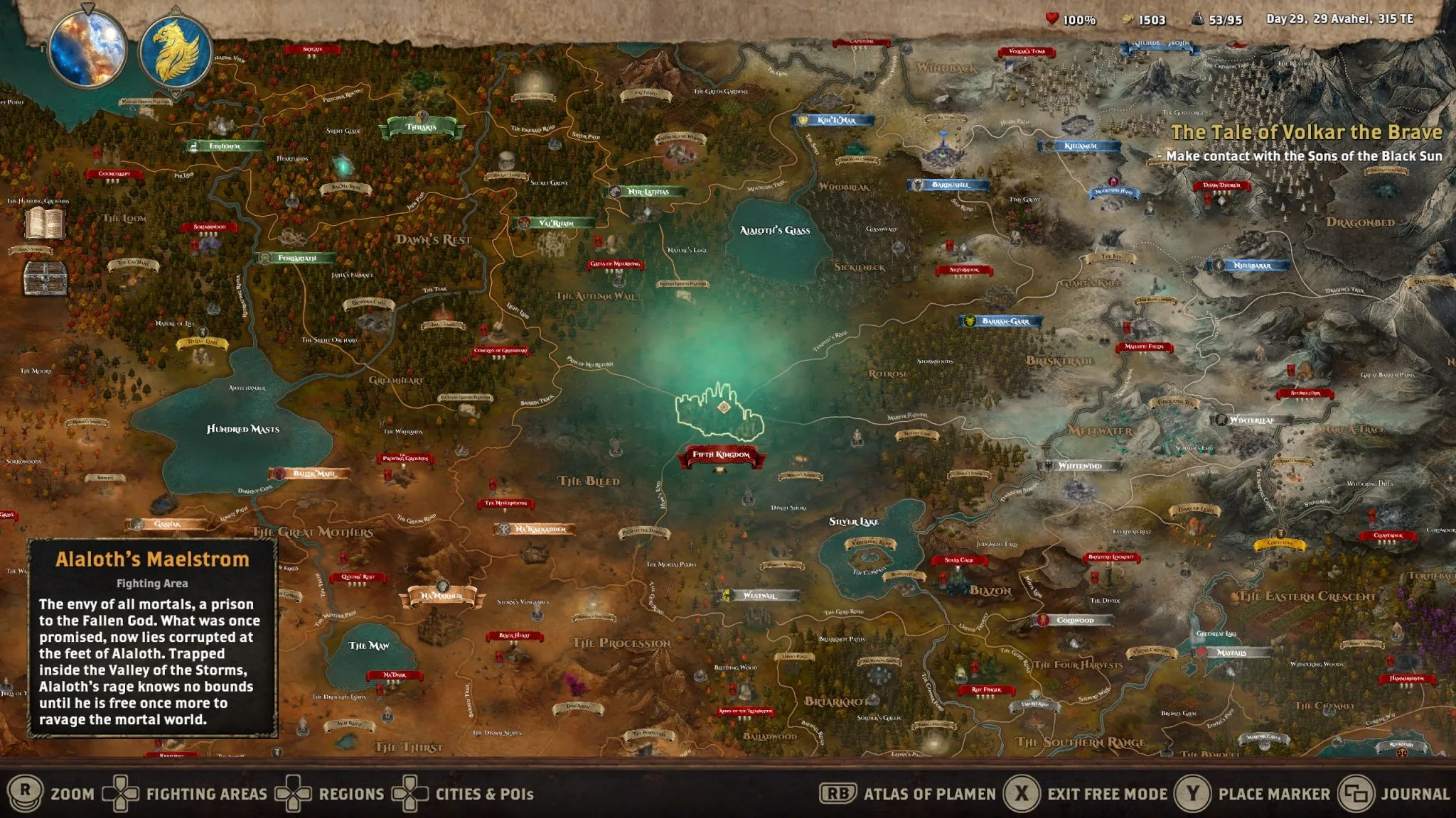 Alaloth - An example of the map and the available locations.