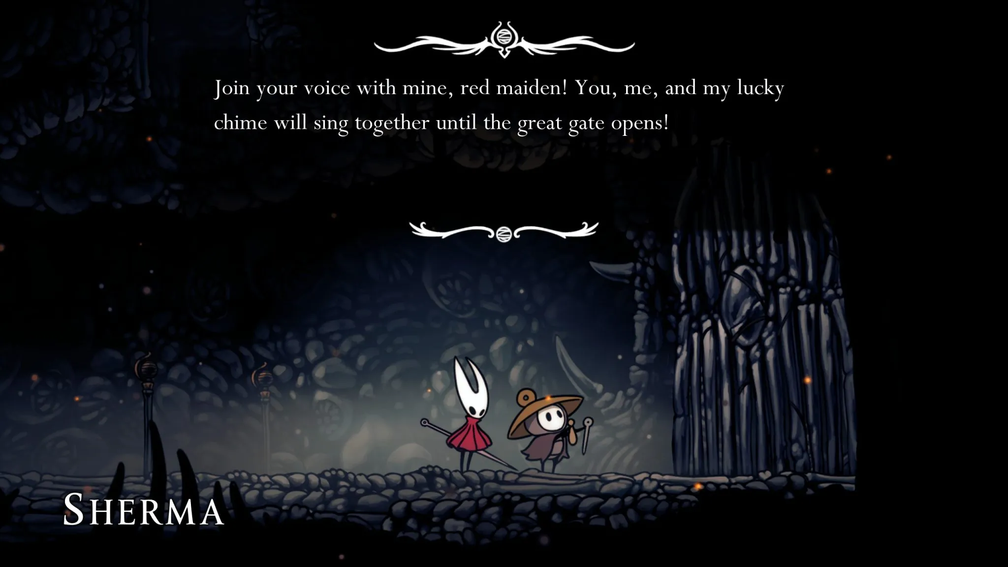 Hollow Knight: Silksong - The image shows the protagonist, Hornet, looking at an NPC, Sherma standing in front of a door.