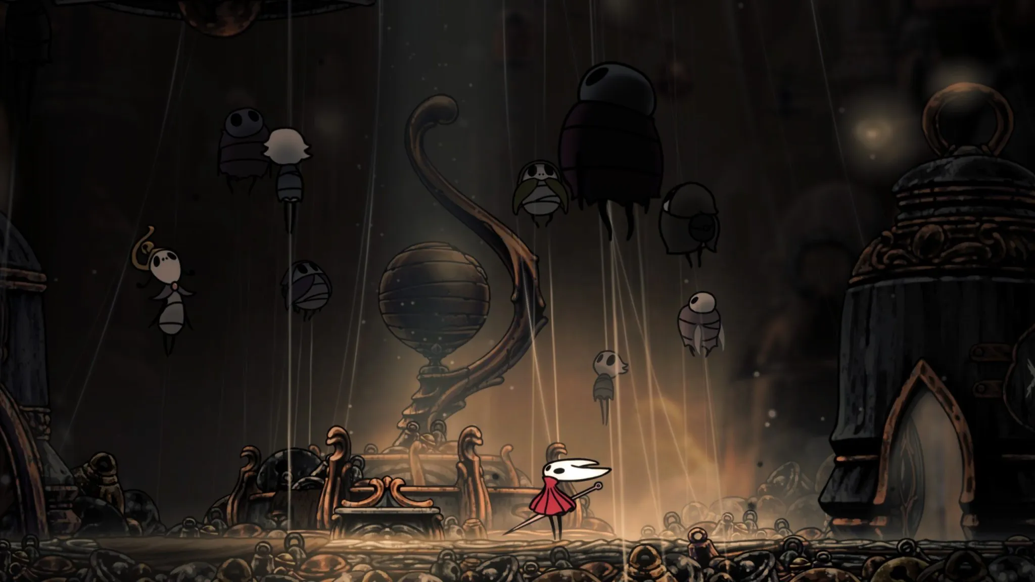 Hollow Knight: Silksong - The image shows the protagonist, Hornet, looking at bugs hang from threads of silk.