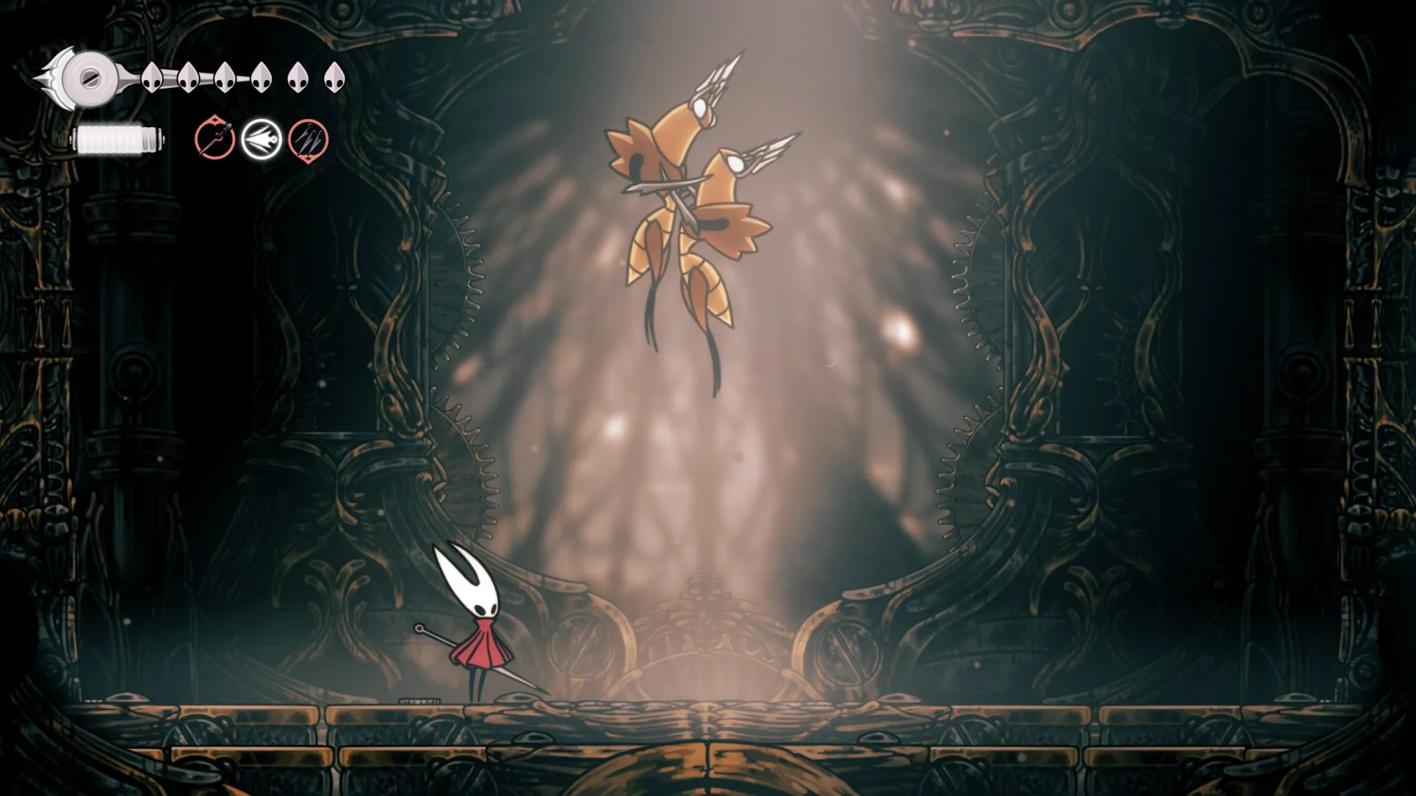 Hollow Knight: Silksong - The image shows the protagonist, Hornet, facing a clockwork animatron bug boss.
