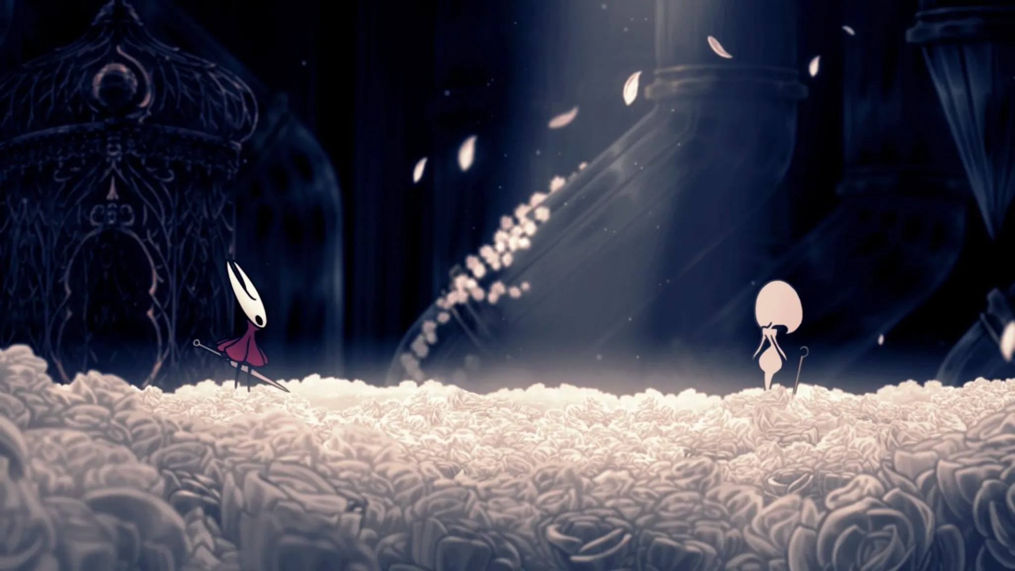 Hollow Knight: Silksong - The image shows the protagonist, Hornet, facing one of the main antagonists in a cinematic landscape.