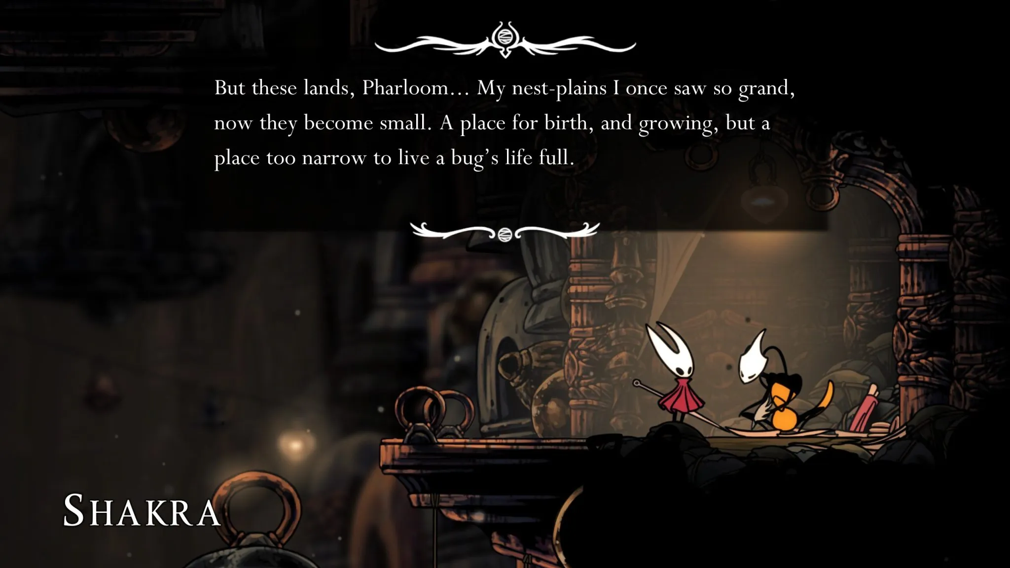 Hollow Knight: Silksong - The image shows the protagonist, Hornet, discussing with an NPC, Shakra, about their homeland.